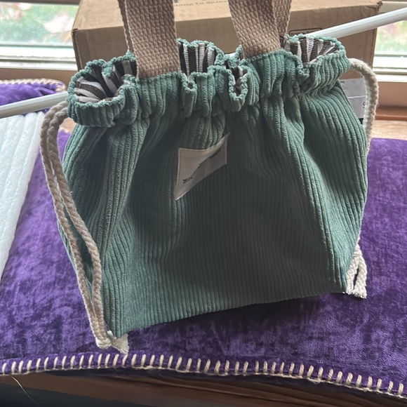 NWT MINT GREEN CORDUROY DRAW STING TOTE/ new/ fall green/ striped interior. Adj - Picture 1 of 12
